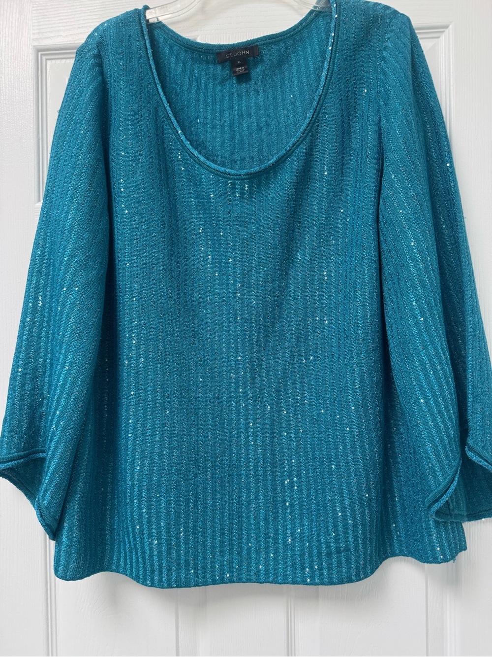 St. John Teal Metallic Ribbed Scoop Neck Long Sleeve Top
